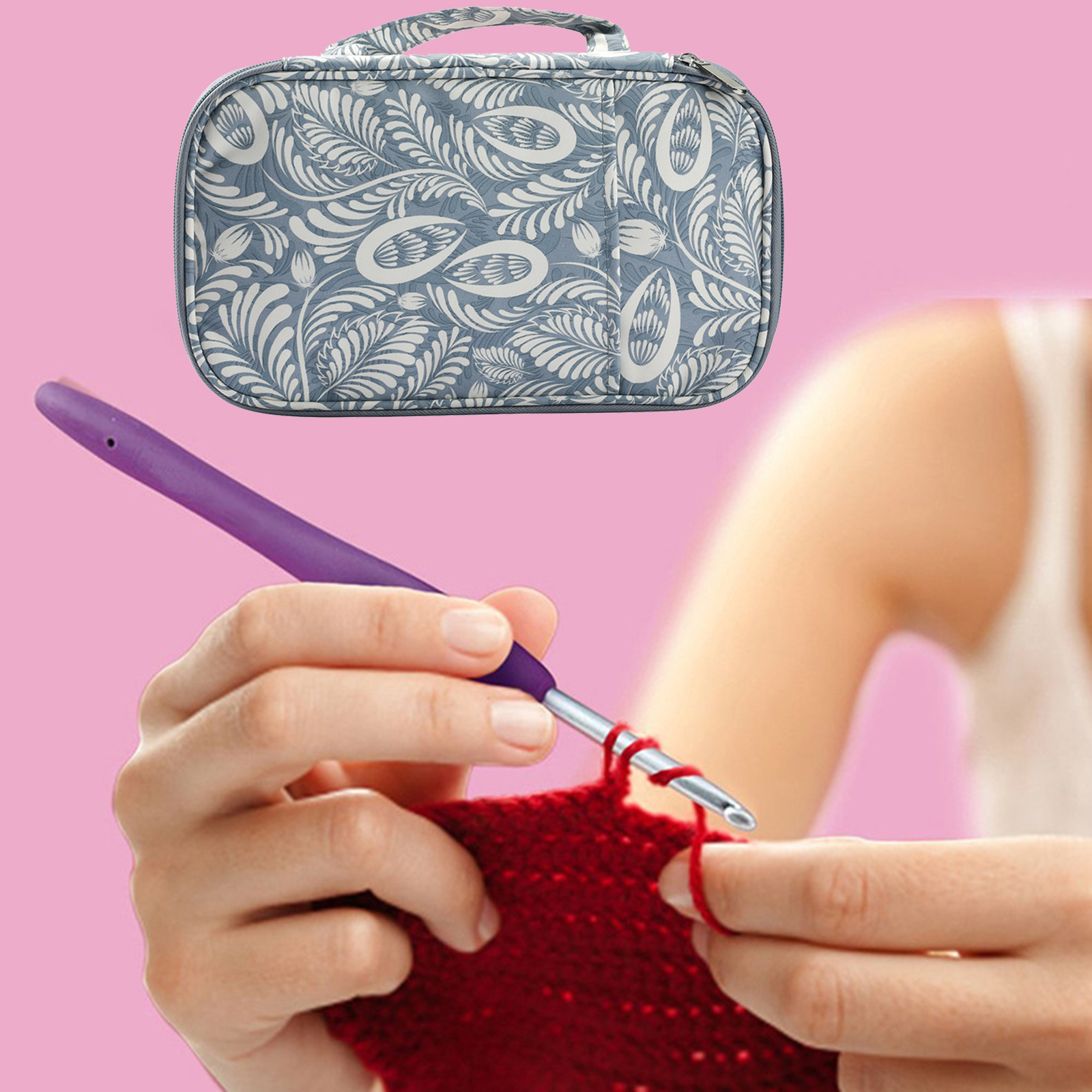 Portable Travel Case Crochet Hooks and Yarn Knitting Use Gray Leaves